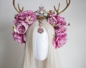 Handmade Gold Antler Flower Crown – Pink Roses, Rhinestone Headpiece (Panmilli) — image 1