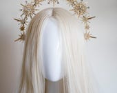 Gold Celestial Starburst Crown - Star Halo Headpiece Rhinestones - Sun Goddess Tiara - Starlit Bridal Hair Accessory - Handmade by Panmilli — image 1