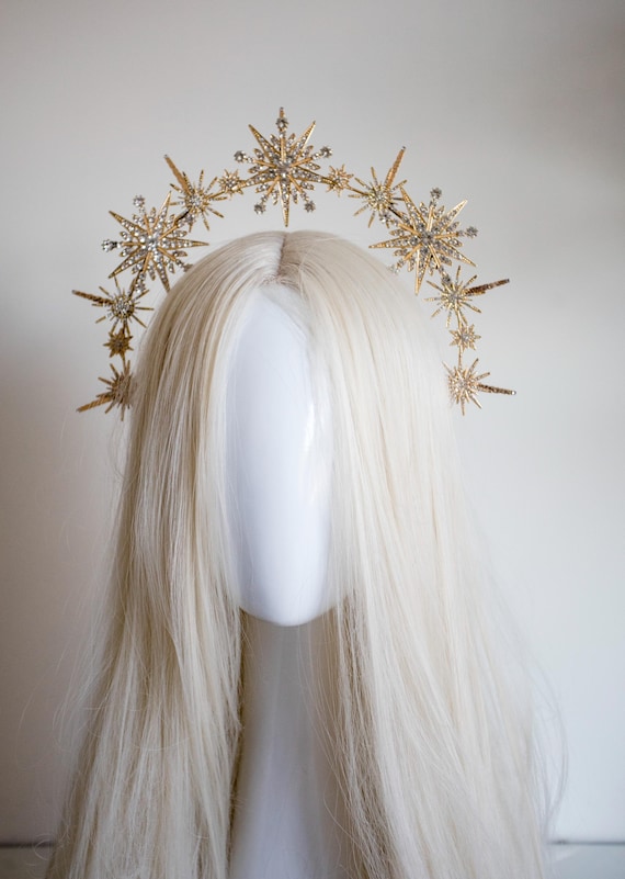 Gold Celestial Starburst Crown - Star Halo Headpiece Rhinestones - Sun Goddess Tiara - Starlit Bridal Hair Accessory - Handmade by Panmilli