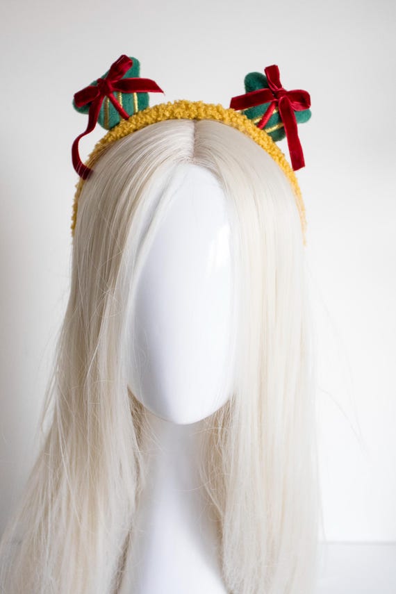 PANMILLI Christmas Headband, Yellow Sherpa Crown, Velvet Plaid Bow Hairband