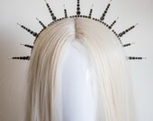 Black Crystal Sunburst Crown - Gothic Halo Headpiece, Celestial Bride Tiara, Dark Queen Spiked Headband, Alt Wedding Hair Piece PANMILLI — image 7
