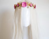 Butterfly and Flower Headband, Gold Filigree Crown, Magenta Pink Floral Headpiece, Dainty Crystal Drop Tiara, Whimsical Bridal Hair Panmilli — image 1