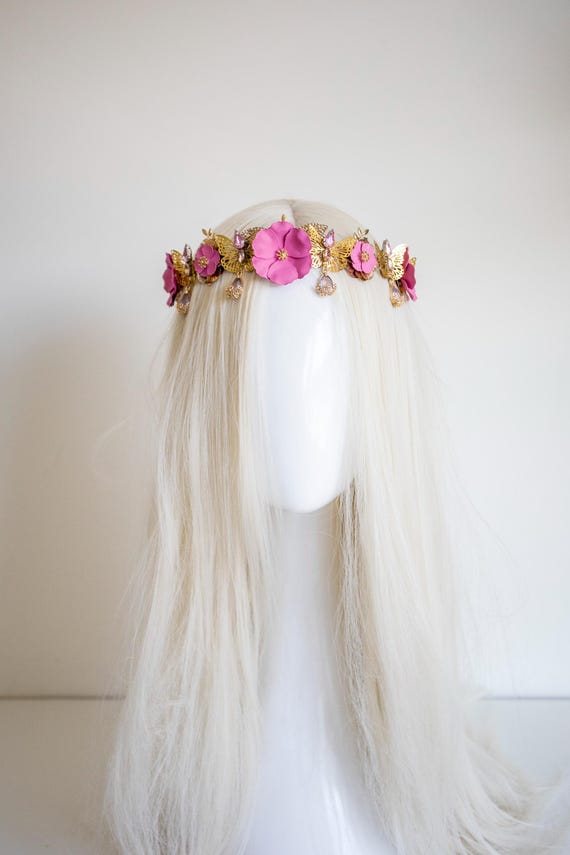 Butterfly and Flower Headband, Gold Filigree Crown, Magenta Pink Floral Headpiece, Dainty Crystal Drop Tiara, Whimsical Bridal Hair Panmilli