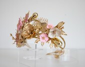 Gold Pink Flower Headband, Side Accent Floral Crown, Asymmetric Bridal Headpiece, Metallic Rose Tiara, Wedding Hair Accessory By Panmilli — image 1