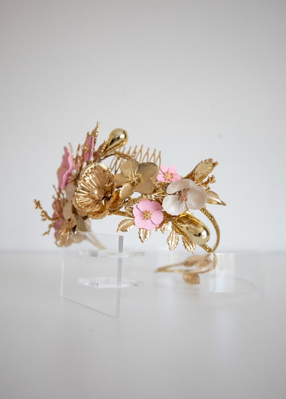 Gold Pink Flower Headband, Side Accent Floral Crown, Asymmetric Bridal Headpiece, Metallic Rose Tiara, Wedding Hair Accessory By Panmilli