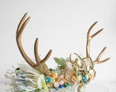 Enchanted Forest Fairy Crown: Golden Antlers, Rhinestones & Faux Florals — image 6