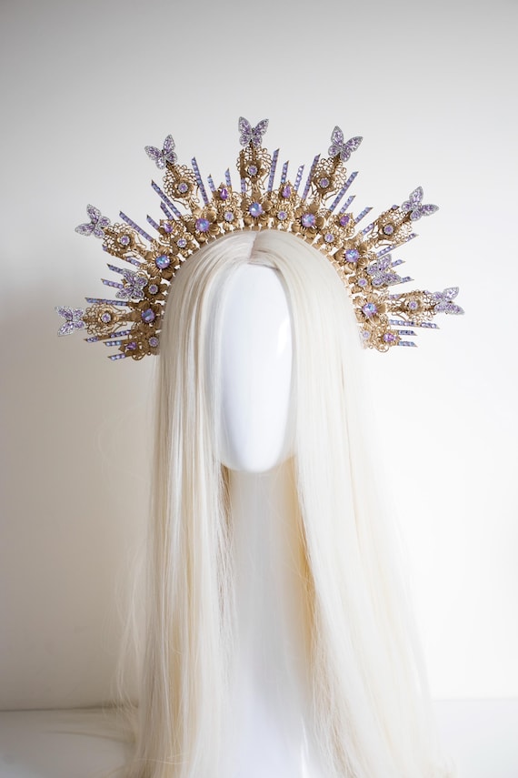 Violet Butterfly Gold Headband: Celestial Goddess Crown
