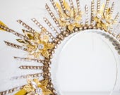 Gold Sunburst Halo Crown with Feathers, Rhinestones, Celestial Headpiece for Cosplay — image 7