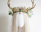 Enchanted Forest Fairy Crown: Golden Antlers, Rhinestones & Faux Florals — image 1