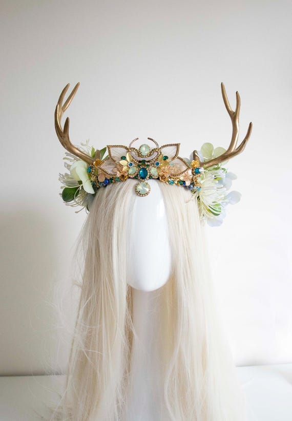 Enchanted Forest Fairy Crown: Golden Antlers, Rhinestones & Faux Florals