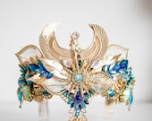 Egyptian Goddess Crown - Cleopatra Headpiece with Blue Rhinestones Handmade - Gold Phoenix Tiara for Festivals, Galas, Cosplay by Panmilli — image 3