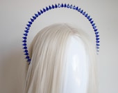 Deep Blue Crystal Halo Crown, Sapphire Rhinestone Celestial Tiara, Avant Garde Hair Accessory — image 6