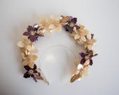 Floral Halo Crown, Purple Gold Flowers, Celestial Wedding Tiara, Baroque Bridal Headpiece — image 3