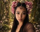 Handmade Gold Antler Flower Crown – Pink Roses, Rhinestone Headpiece (Panmilli) — image 2