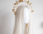 Floral Gold & cream Halo Headpiece: Bridal Queen Crown — image 4