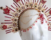 Red and Gold Sunburst Crown, Floral Goddess Headpiece with Forehead Jewelry, Celestial Queen Headdress for Cosplay & Festivals by Panmilli — image 2