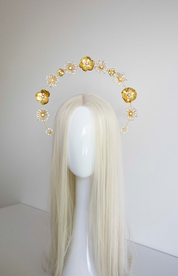 Gold Flower Halo Crown: Bridal Goddess Headpiece