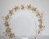 Champagne Gold Floral Halo Crown - Ethereal Bridal Flower Tiara - Rhinestone Botanical Headpiece -  Wedding Hair Accessory - By Panmilli — image 6