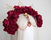 Small Crimson Rose Halo Headpiece: Rhinestone Metal Spikes & Chains, Gothic Glam — image 8