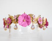 Butterfly and Flower Headband, Gold Filigree Crown, Magenta Pink Floral Headpiece, Dainty Crystal Drop Tiara, Whimsical Bridal Hair Panmilli — image 7