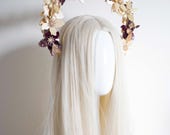 Floral Halo Crown, Purple Gold Flowers, Celestial Wedding Tiara, Baroque Bridal Headpiece — image 2