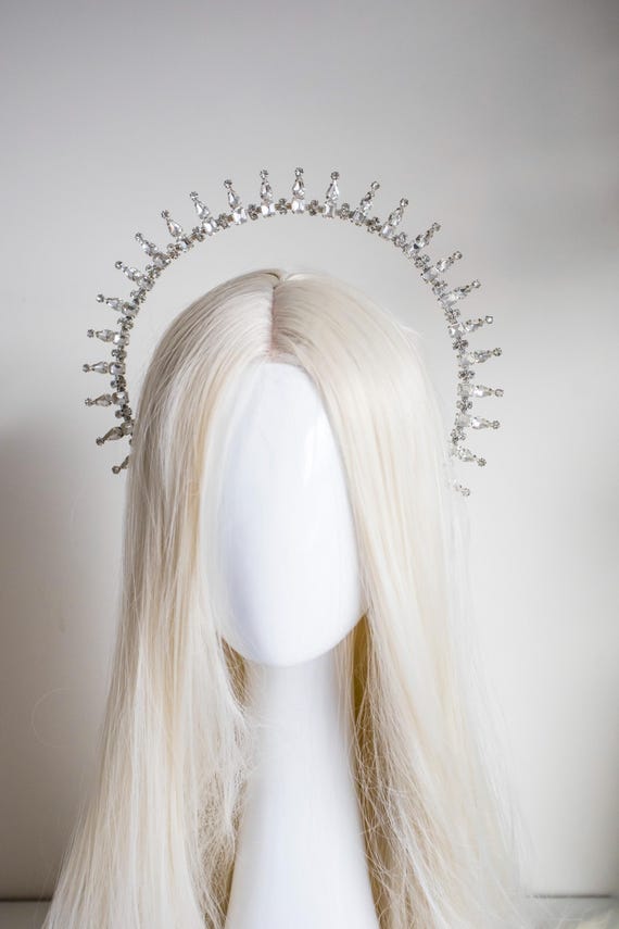 Silver Crystal Halo Crown, Rhinestone Sunburst Headband, Bridal Tiara, Goddess Hair Jewelry