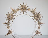 Gold Celestial Starburst Crown - Star Halo Headpiece Rhinestones - Sun Goddess Tiara - Starlit Bridal Hair Accessory - Handmade by Panmilli — image 2