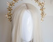 Champagne Gold Floral Halo Crown - Ethereal Bridal Flower Tiara - Rhinestone Botanical Headpiece -  Wedding Hair Accessory - By Panmilli — image 5
