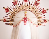 Red and Gold Sunburst Crown, Floral Goddess Headpiece with Forehead Jewelry, Celestial Queen Headdress for Cosplay & Festivals by Panmilli — image 3