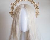 Champagne Gold Floral Halo Crown - Ethereal Bridal Flower Tiara - Rhinestone Botanical Headpiece -  Wedding Hair Accessory - By Panmilli — image 1