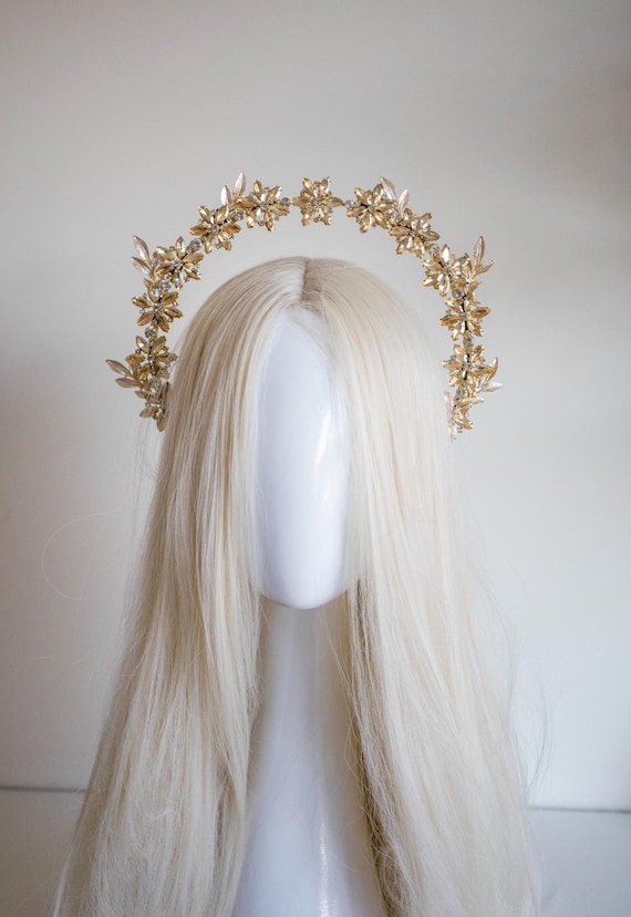 Champagne Gold Floral Halo Crown - Ethereal Bridal Flower Tiara - Rhinestone Botanical Headpiece -  Wedding Hair Accessory - By Panmilli