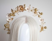 Floral Gold & cream Halo Headpiece: Bridal Queen Crown — image 1