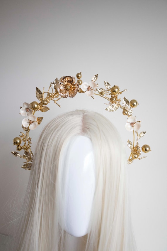 Floral Gold & cream Halo Headpiece: Bridal Queen Crown
