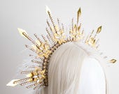 Gold Sunburst Halo Crown with Feathers, Rhinestones, Celestial Headpiece for Cosplay — image 5