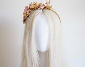 Gold Pink Flower Headband, Side Accent Floral Crown, Asymmetric Bridal Headpiece, Metallic Rose Tiara, Wedding Hair Accessory By Panmilli — image 5