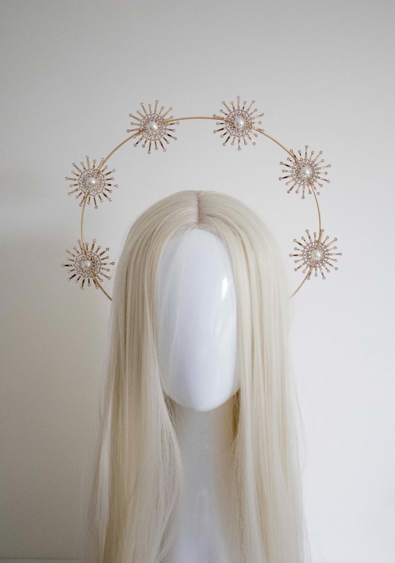 Gold Sun Star Pearl Headpiece: Baroque Festival Halo Crown