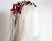 Burgundy and Gold Floral Crown by PANMILLI - Gothic Bridal Tiara, Fall Wedding Hair Accessory, Handmade Flower Headpiece, Boho Queen Crown — image 2