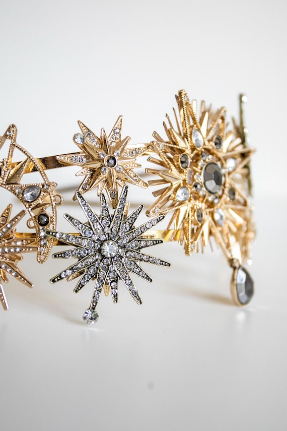Handmade Celestial Crown, Gold Starburst Tiara, Crystal Sunburst Headband (PANMILLI)