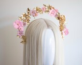 Light Pink Flower Gold Halo Crown: Bridal Headpiece — image 7