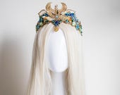 Egyptian Goddess Crown - Cleopatra Headpiece with Blue Rhinestones Handmade - Gold Phoenix Tiara for Festivals, Galas, Cosplay by Panmilli — image 2