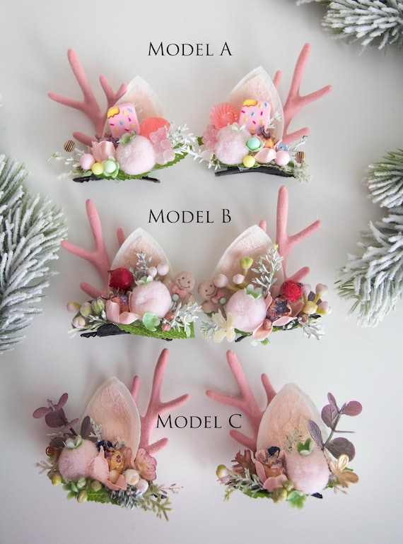Soft Pink Reindeer Antler Clip : Festive Holiday Hair Accessories