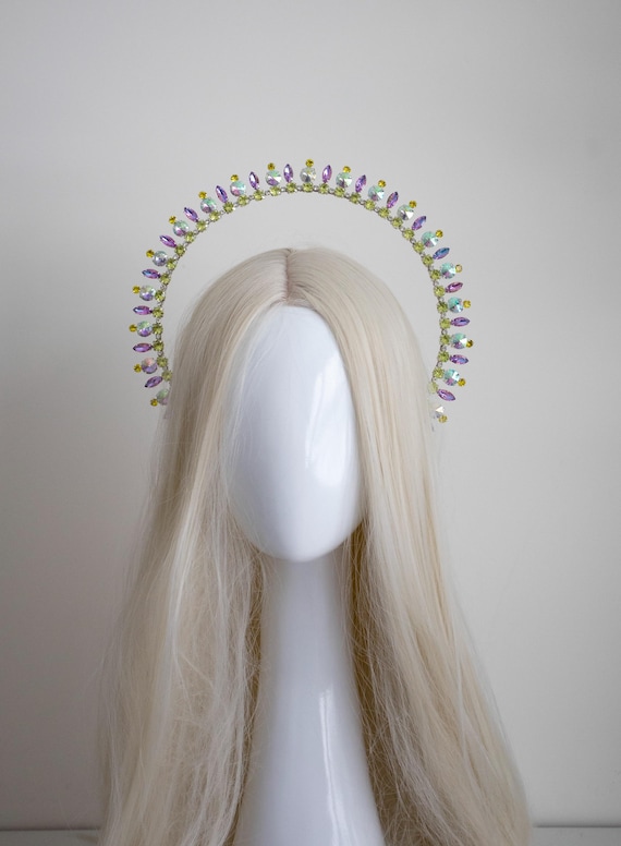 Cosmic candy Iridescent Crystal Halo Crown, Purple and Lime Green Goddess Headpiece, Mermaid Aura Tiara for Festivals & Prom by Panmilli