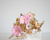 Gold Pink Flower Headband, Side Accent Floral Crown, Asymmetric Bridal Headpiece, Metallic Rose Tiara, Wedding Hair Accessory By Panmilli — image 4