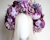 Handcrafted Purple Peony Rose Flower Crown, Boho Bridal Halo, Festival Wreath — image 1