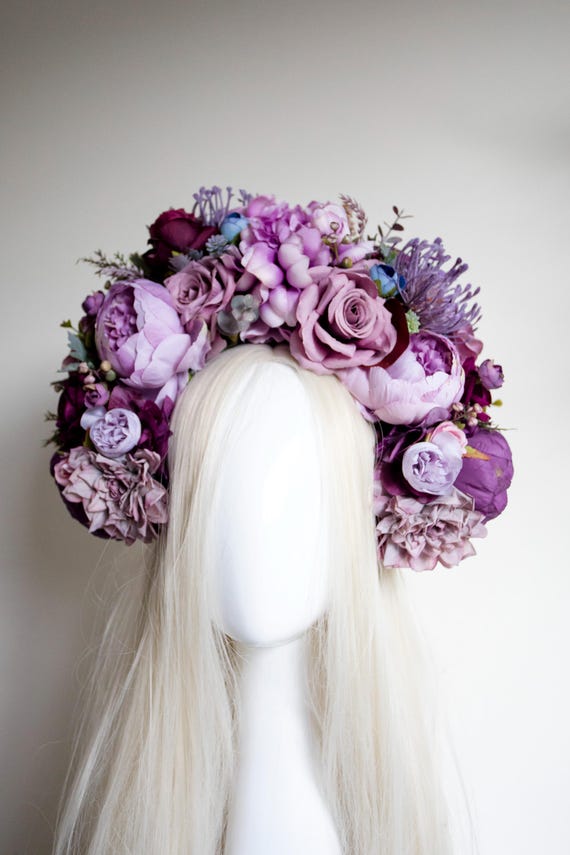 Handcrafted Purple Peony Rose Flower Crown, Boho Bridal Halo, Festival Wreath