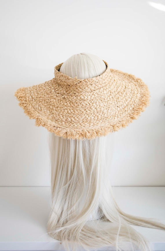 Crownless Wide Brimmed Sun Hat Visor - Panmilli | Crownless Hat | Raffia Straw Hat | Beach Hat | Summer Straw Visor | Beach visor | vacation