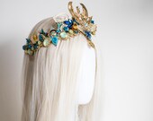 Egyptian Goddess Crown - Cleopatra Headpiece with Blue Rhinestones Handmade - Gold Phoenix Tiara for Festivals, Galas, Cosplay by Panmilli — image 4