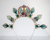 Handmade Crystal Scarab Beetle Tiara – Egyptian Revival Peacock Wedding Crown — image 2