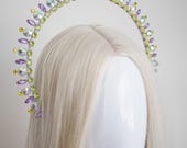 Cosmic candy Iridescent Crystal Halo Crown, Purple and Lime Green Goddess Headpiece, Mermaid Aura Tiara for Festivals & Prom by Panmilli — image 4