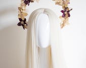 Floral Halo Crown, Purple Gold Flowers, Celestial Wedding Tiara, Baroque Bridal Headpiece — image 1
